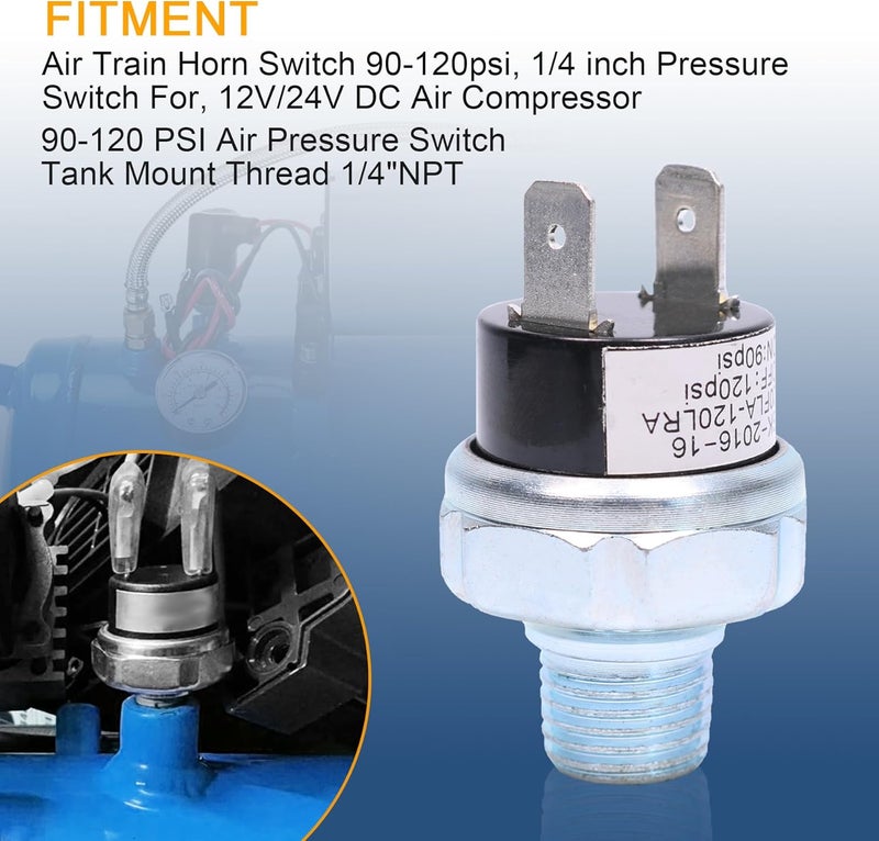 LDMINDA Air Pressure Switch 90-120 PSI Tank Mount Thread 1/4" NPT 12V/24V DC Air Compressor Pressure Switch Air Train Horn Switch 90-120 1/4 inch - Image 2
